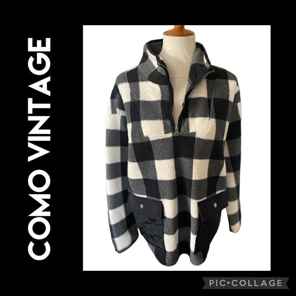 Como Vintage Black and White Checkered Half Zip Mock Collar Pullover Size XL